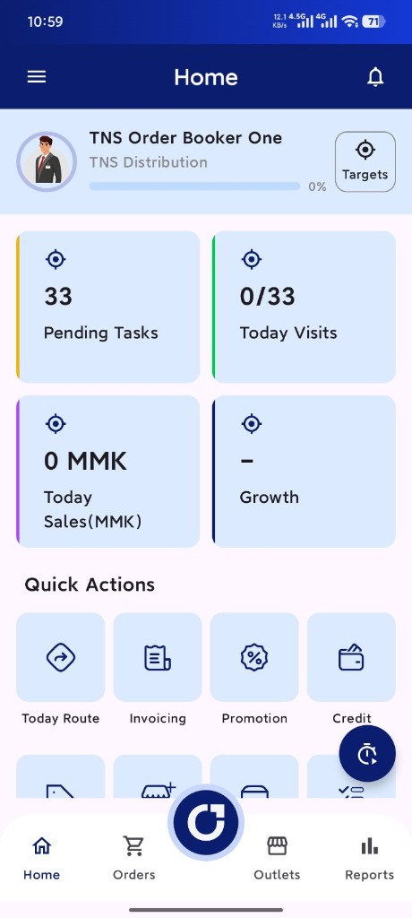 SalesGro SFA mobile home screen showing pending tasks, today visits, sales, and quick actions